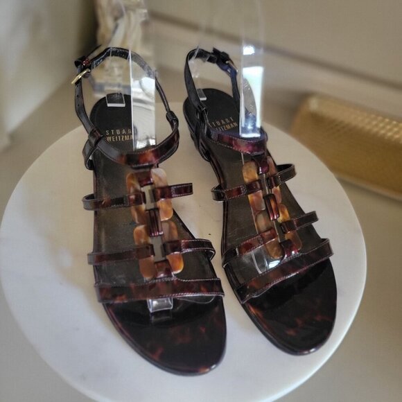 Stuart Weitzman Tortoise Shell Patent Leather Strappy Ankle Strap Sandals- 7M - Picture 3 of 8